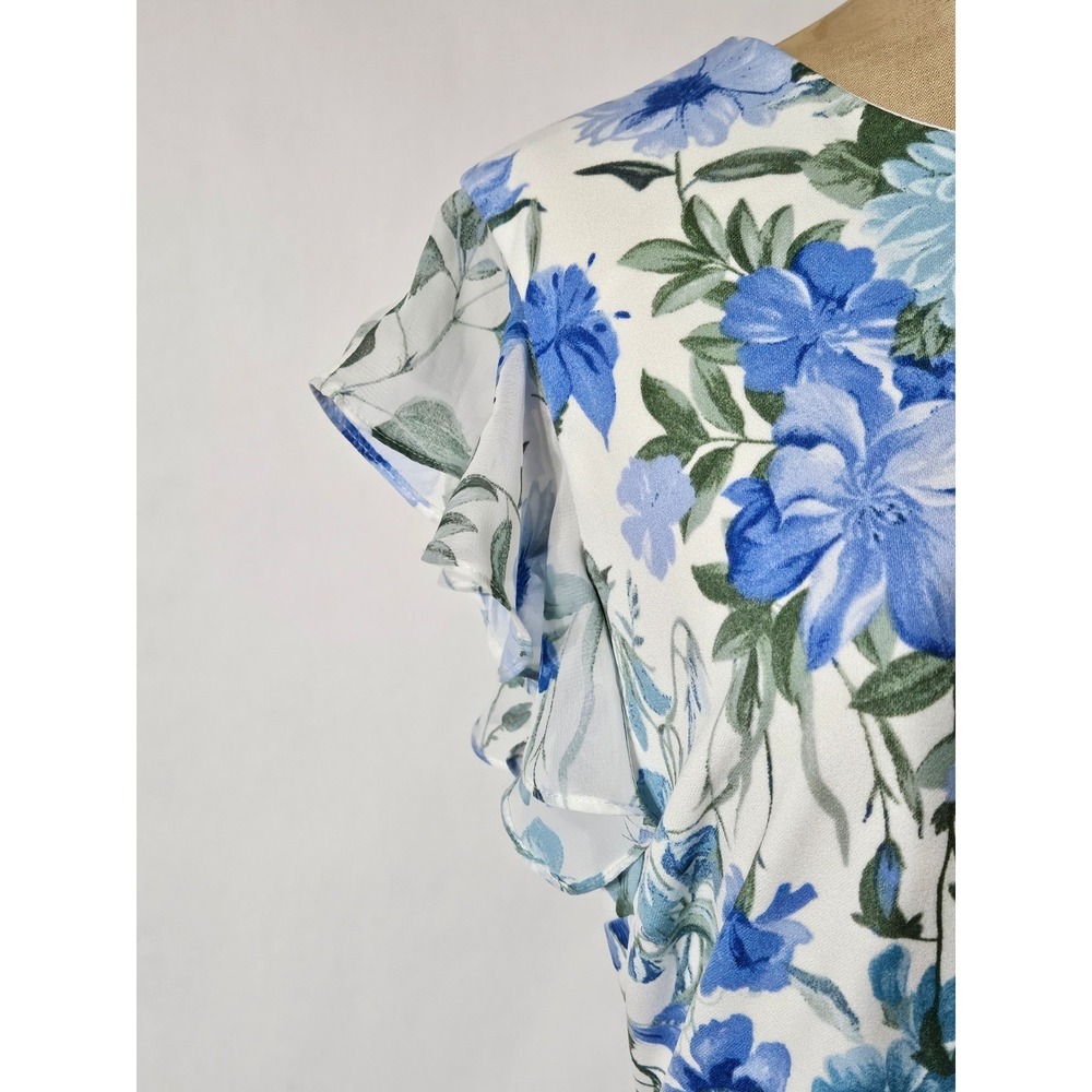 Shelby & Palmer Blue Floral Faux Wrap Ruffle Belted Sheath Dress - Picture 4 of 12